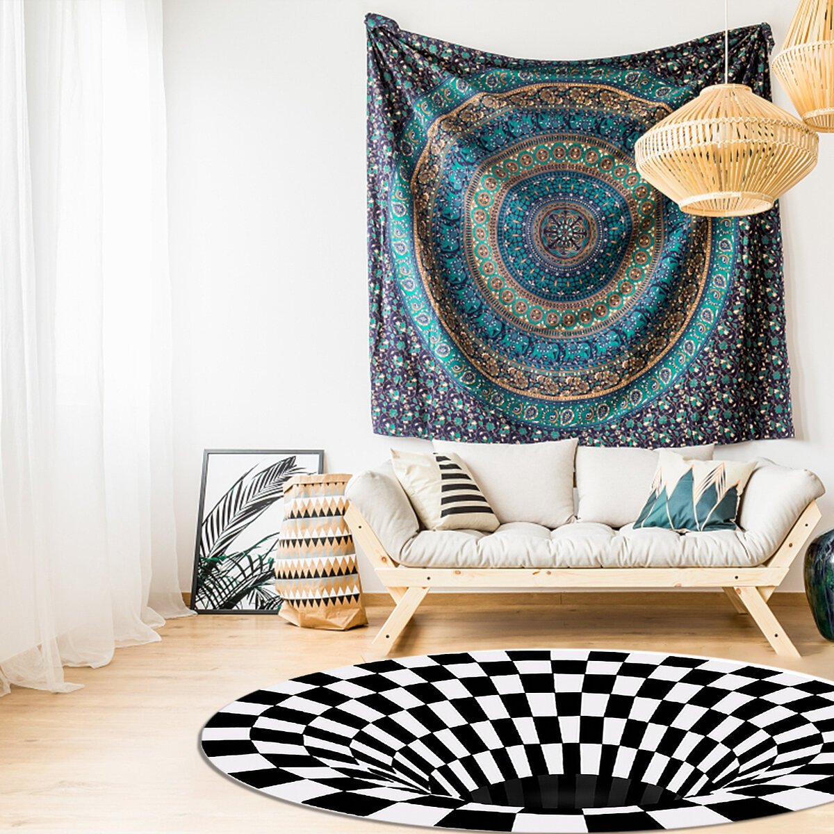 3D Round Carpet Checkered Vortexs Optical Illusions Non Slip Area Rug Durbale Anti-Slip Floor Mat Non-Woven Black White Doormat For Living Dinning Room Bedroom Kitchen