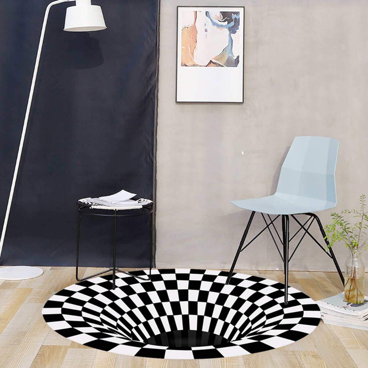 3D Round Carpet Checkered Vortexs Optical Illusions Non Slip Area Rug Durbale Anti-Slip Floor Mat Non-Woven Black White Doormat For Living Dinning Room Bedroom Kitchen