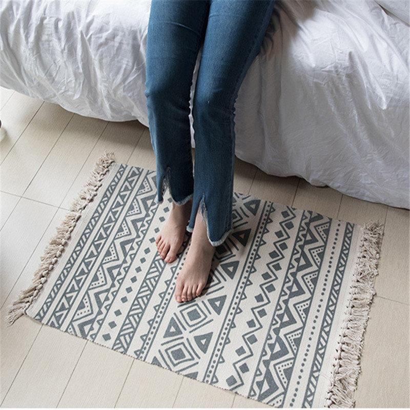Cotton Fiber Hand-woven Carpet Bedroom Blanket Floor Mat Home Decorative Footmat