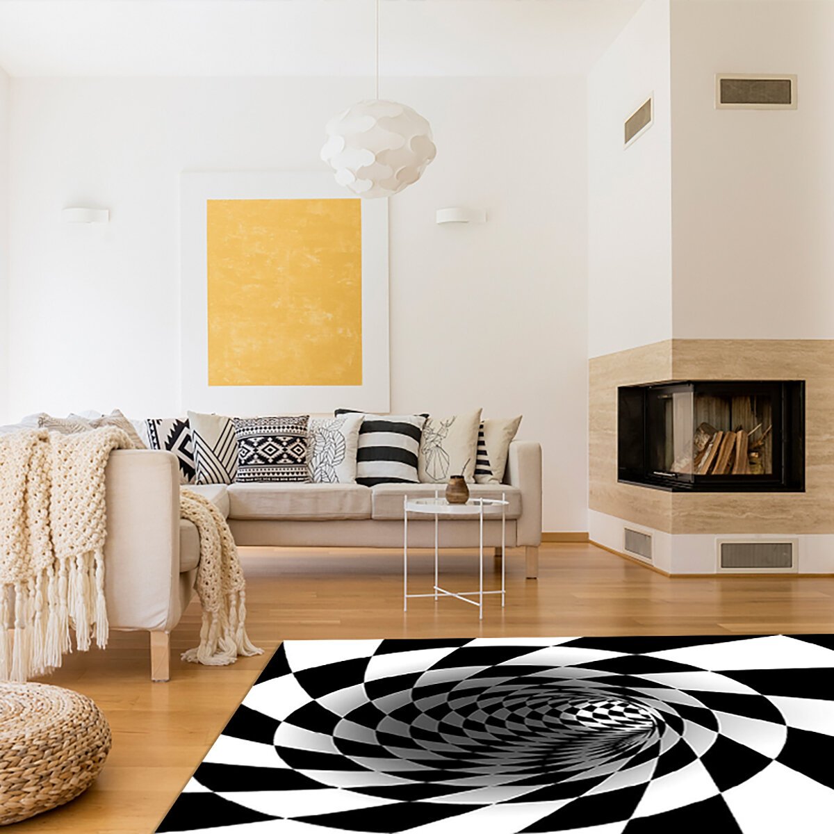 Round Carpet, Checkered Vortexs Optical Illusions Non Slip Area Rug, Durbale Anti-Slip Floor Mat Non-Woven Black White Doormat, for Living Dinning Room Bedroom Kitchen