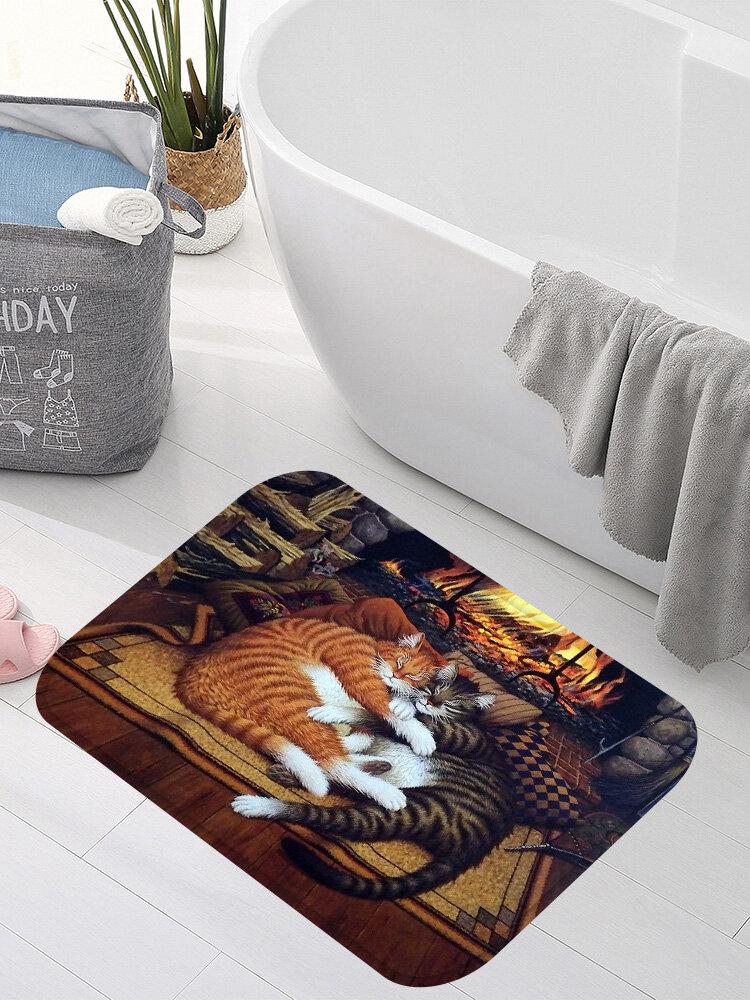 Sleeping Cats Pattern Floor Mats Flannel Water Absorption Antiskid Floor Mat Bath Room Door Mat