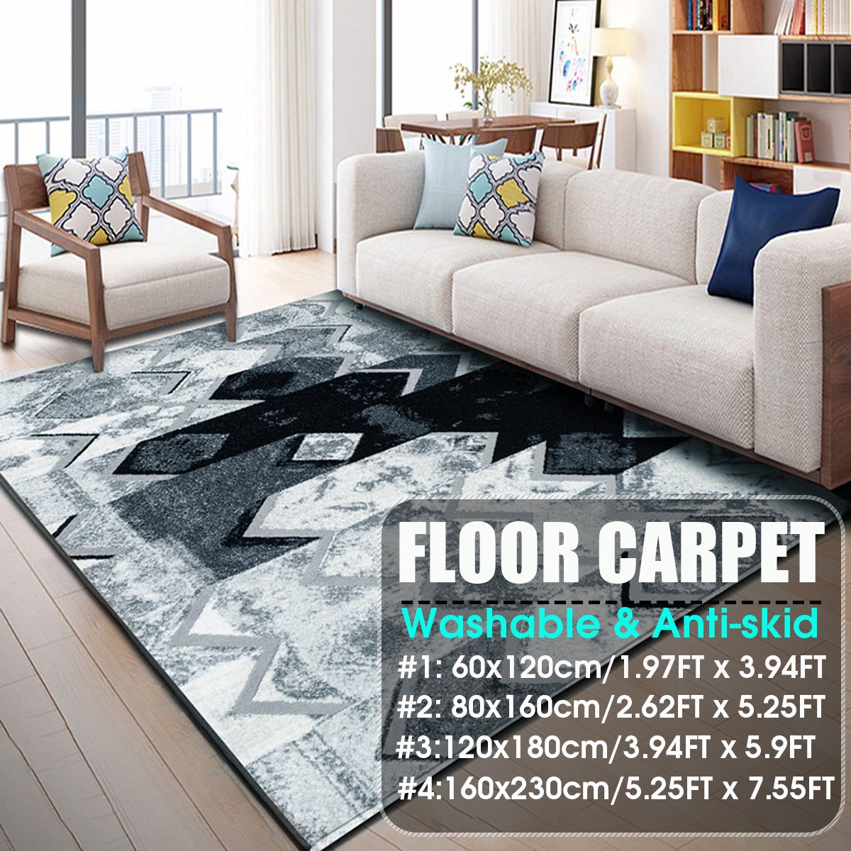 Abstract Modern Black Grey Silver Floor Carpet Rug Mat For Living-room Bedroom