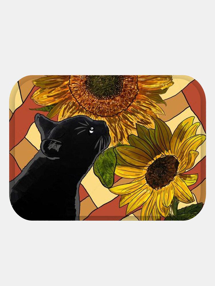Black Cat And Sunflower Pattern Floor Mats Flannel Water Absorption Antiskid Floor Mat Bath Room Door Mat