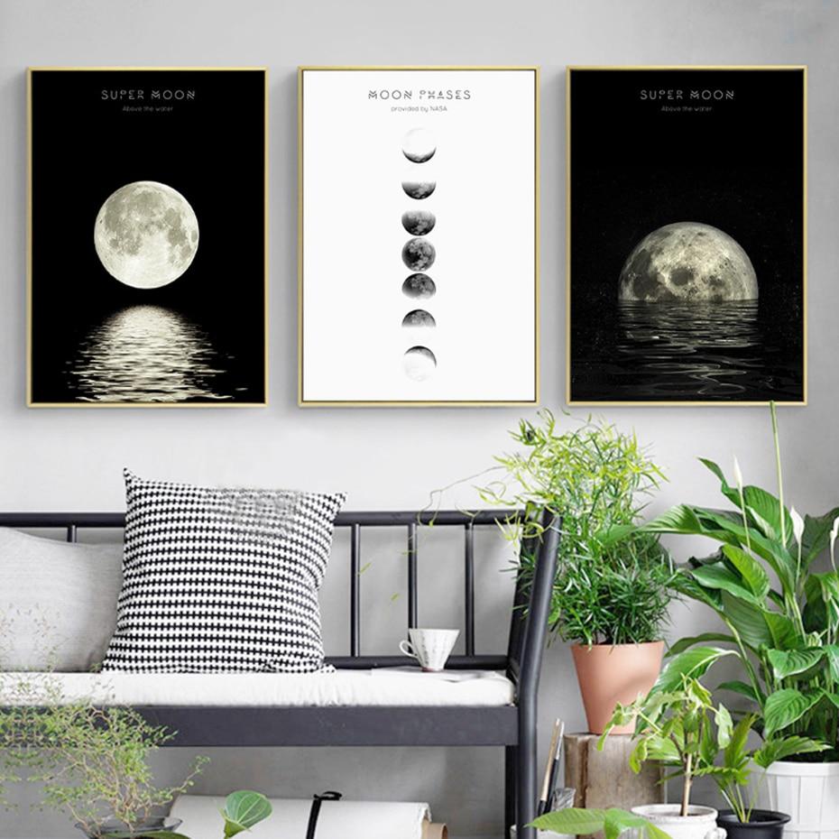 Moon Phases Canvas Prints Nordic Style Wall Art Black and White Poster Unframed