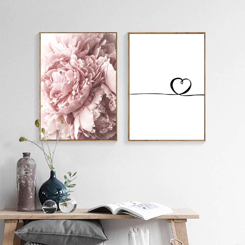 Nordic Poster Pink Peony Love Heart Wall Art Canvas Prints Unframed