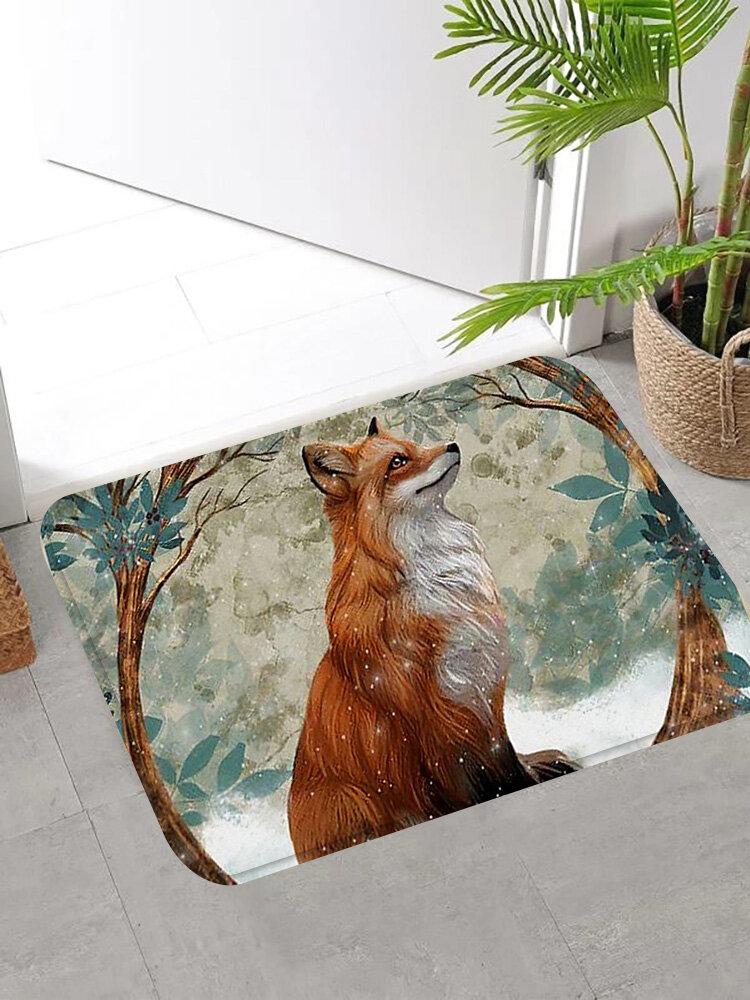 Fox And Tree Pattern Floor Mats Flannel Water Absorption Antiskid Floor Mat Bath Room Door Mat
