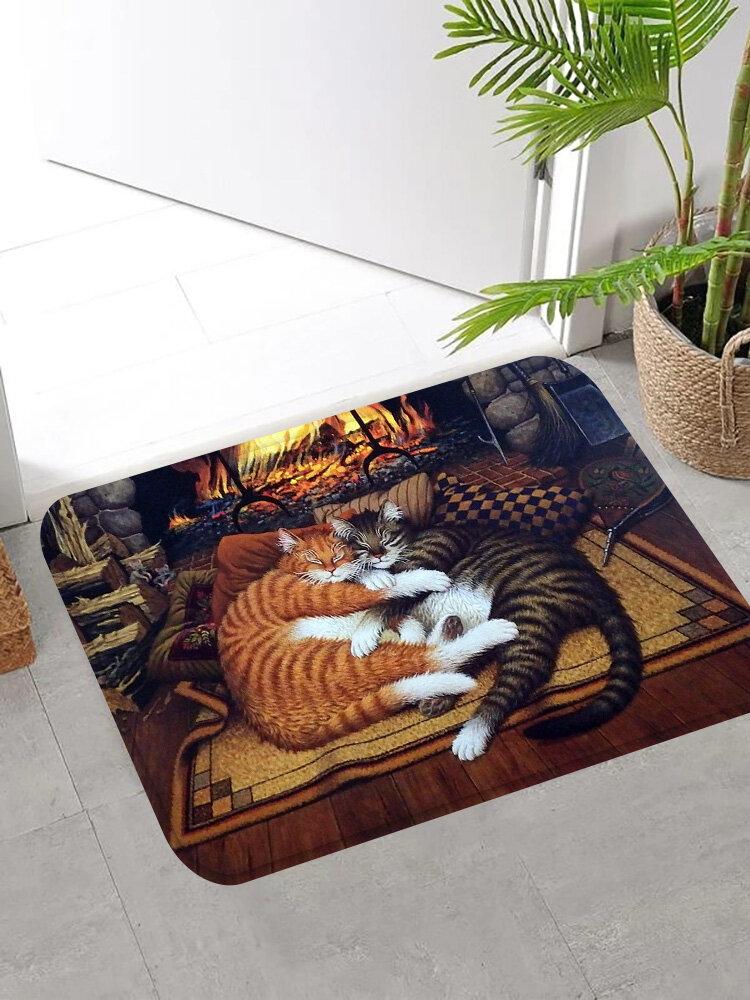 Sleeping Cats Pattern Floor Mats Flannel Water Absorption Antiskid Floor Mat Bath Room Door Mat