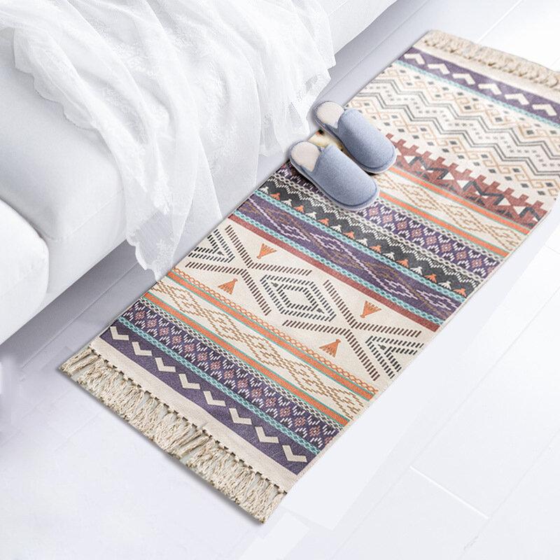 Retro Bohemian Hand Tassel Woven Cotton Linen Carpet Bedside Rug Geometric Floor Mat Long Rug Bedspread Tapestry Home Decoration