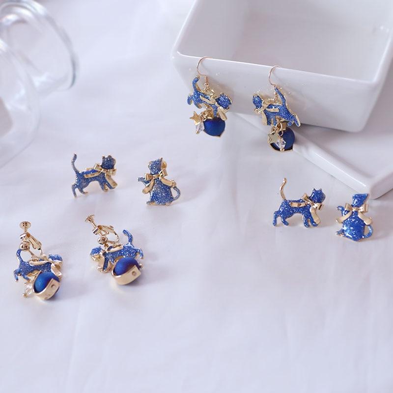 Blue Cat with Gold Bow Earrings