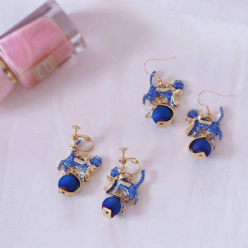 Blue Cat with Gold Bow Earrings