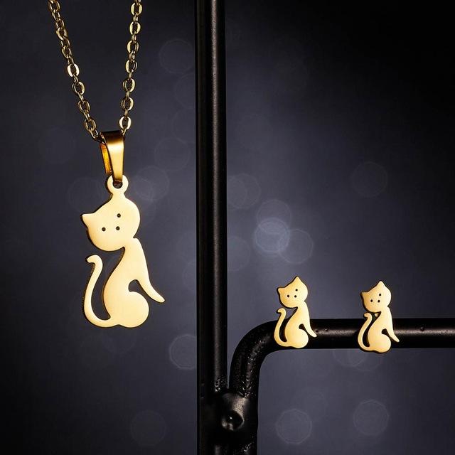 Cat Necklace Earrings Jewelry Set