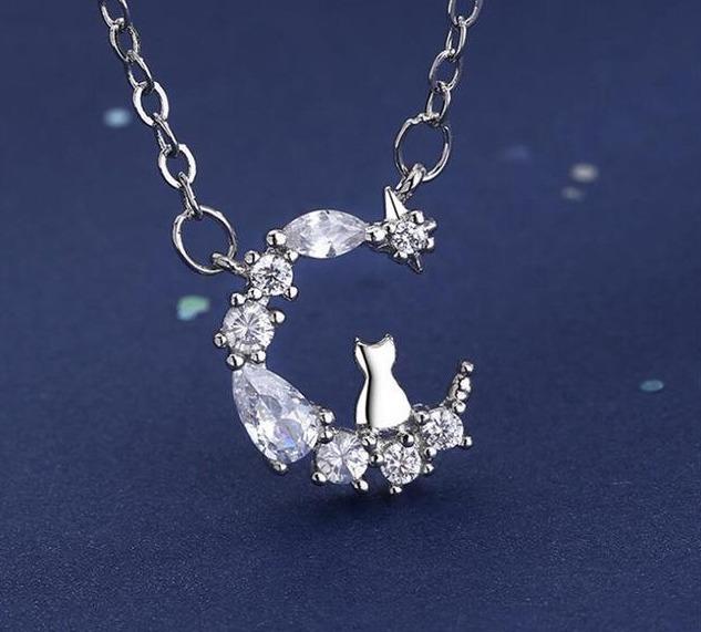 Crystal Moon Cat Necklace