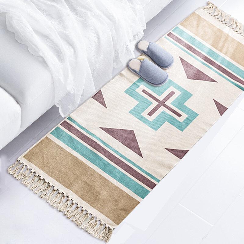 Retro Bohemian Hand Tassel Woven Cotton Linen Carpet Bedside Rug Geometric Floor Mat Long Rug Bedspread Tapestry Home Decoration
