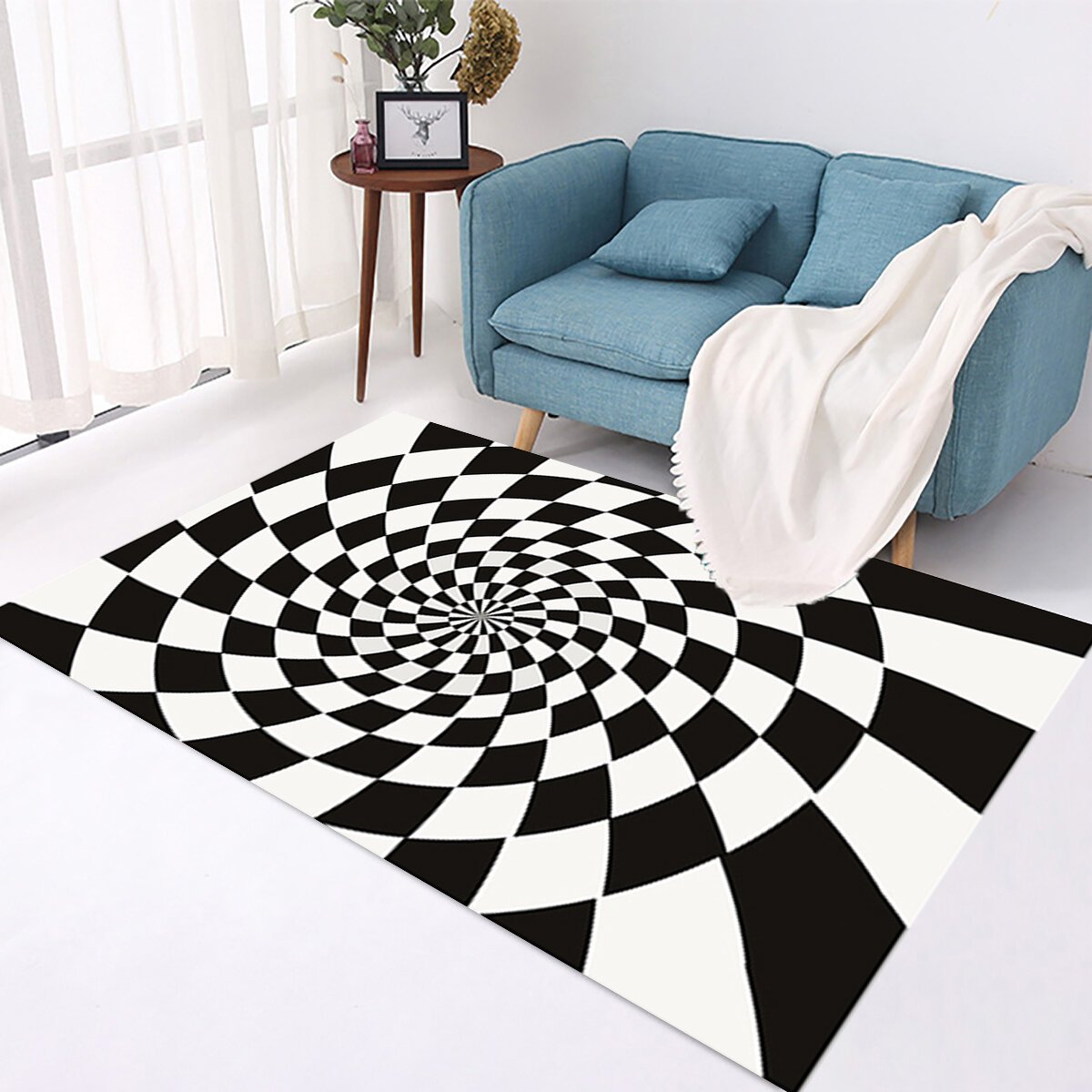 Checkered Optical Illusions Non Slip Area Rug, Durbale Anti-Slip Floor Mat Non-Woven Black White Doormat, for Living Dinning Room Bedroom Kitchen