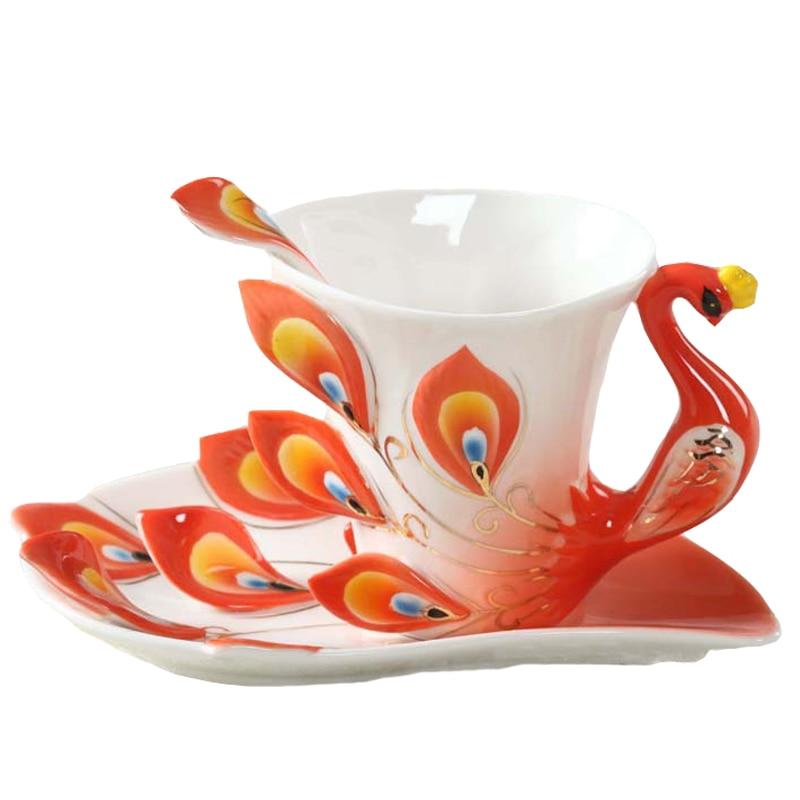Peacock Mug with Saucer and Spoon