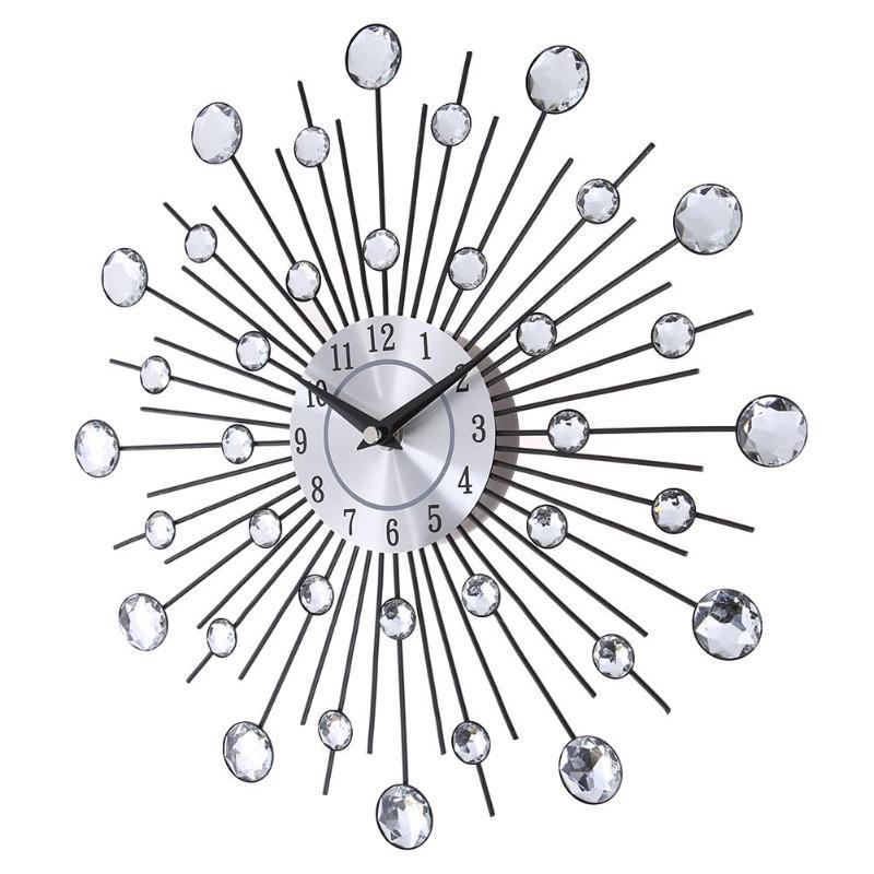 Vintage Metal Crystal Sunburst Wall Clock Luxury Diamond 3D Large Morden Wall Clock
