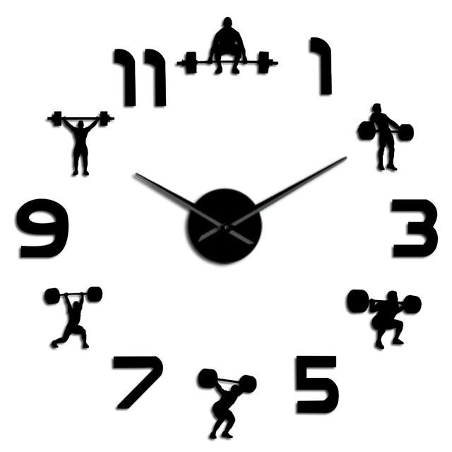 Weightlifting Fitness Room Wall Decor DIY Giant Wall Clock Mirror Effect Powerlifting Frameless