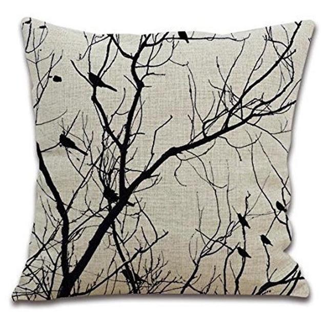 Black White Trees Birds Cushion Cover