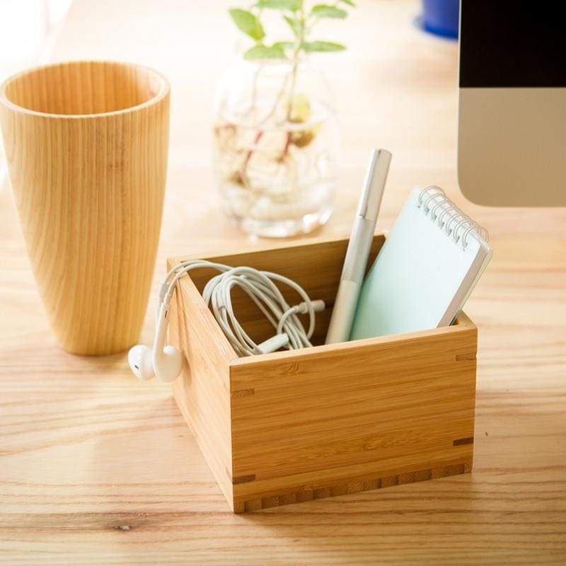 Small Bamboo Storage Box with Cover  Modern Style Natural Wood Desk Organizer