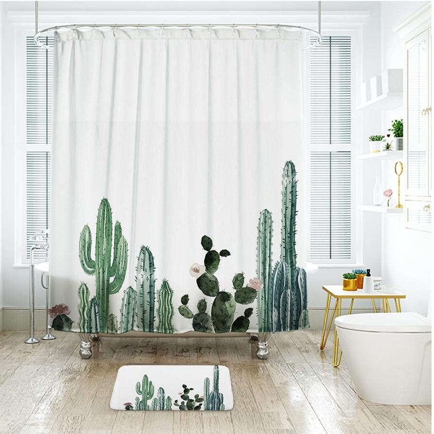 Tropical Cactus Shower Curtain Bathroom Decor (with 12 Hooks)