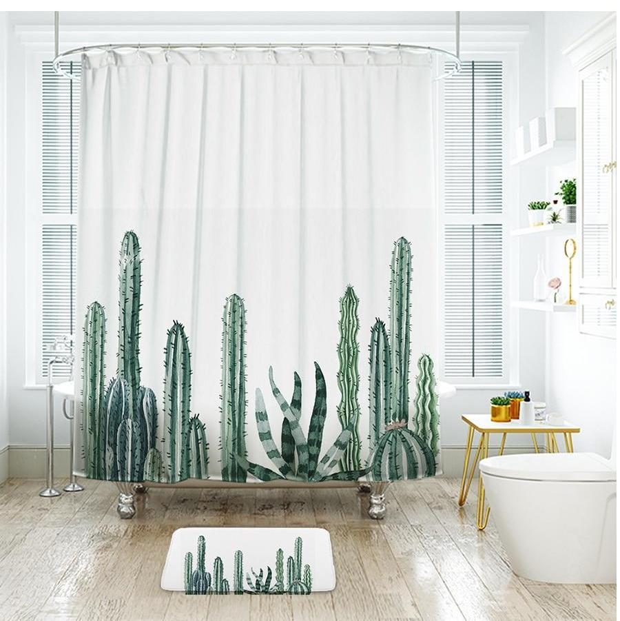 Tropical Cactus Shower Curtain Bathroom Decor (with 12 Hooks)