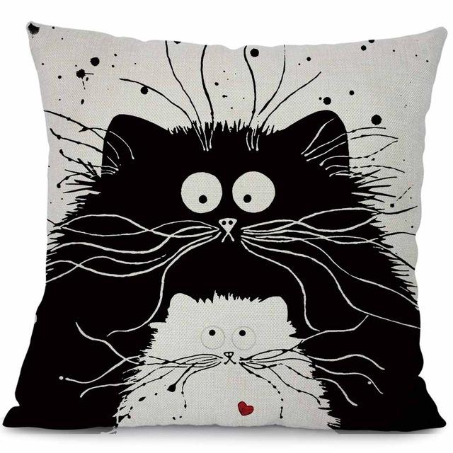 Cartoon Black White Cats Cushion Cover
