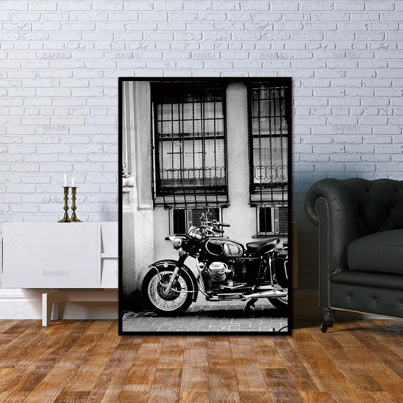 Black and White Wall Decor Motorbike at Door