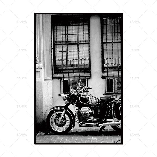 Black and White Wall Decor Motorbike at Door