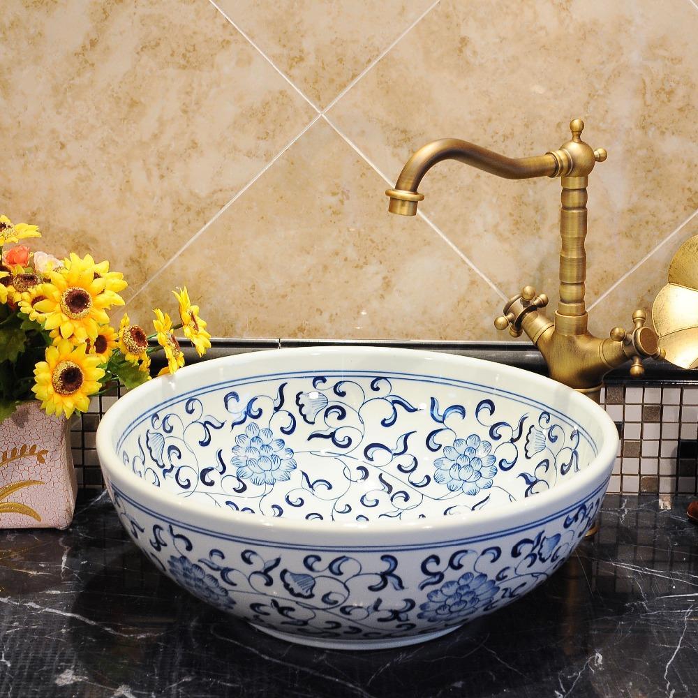 Blue and White Chinese Antique Ceramic Sink Countertop Wash Basin