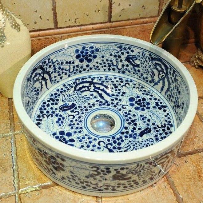Chinese Antique Ceramic Sink Round Basin Countertop Sink