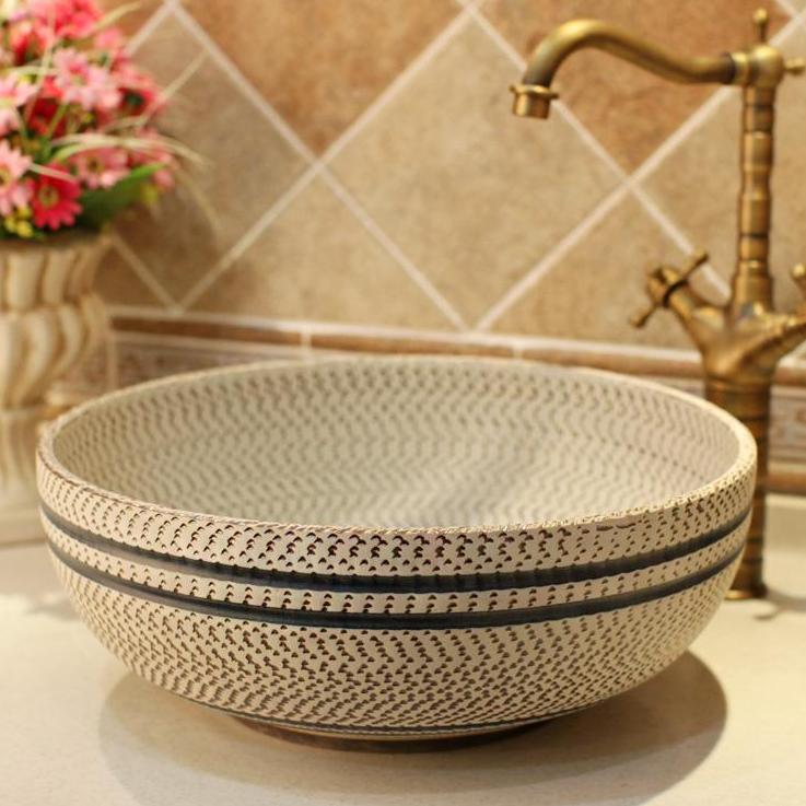 Thread Pattern Porcelain Bathroom Sink Countertop Ceramic Basin
