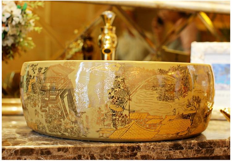 Vintage Style Art Wash Basin Ceramic Countertop Sink Yellow Golden
